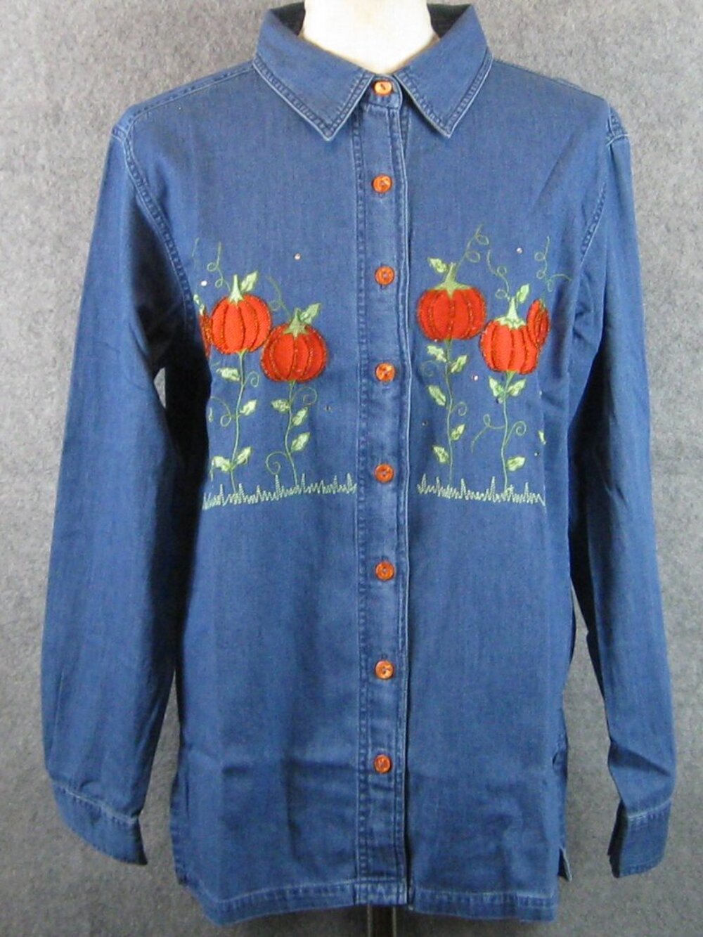 Quacker Factory Women's Top Shirt Sz M Embroidered Denim Pumpkins